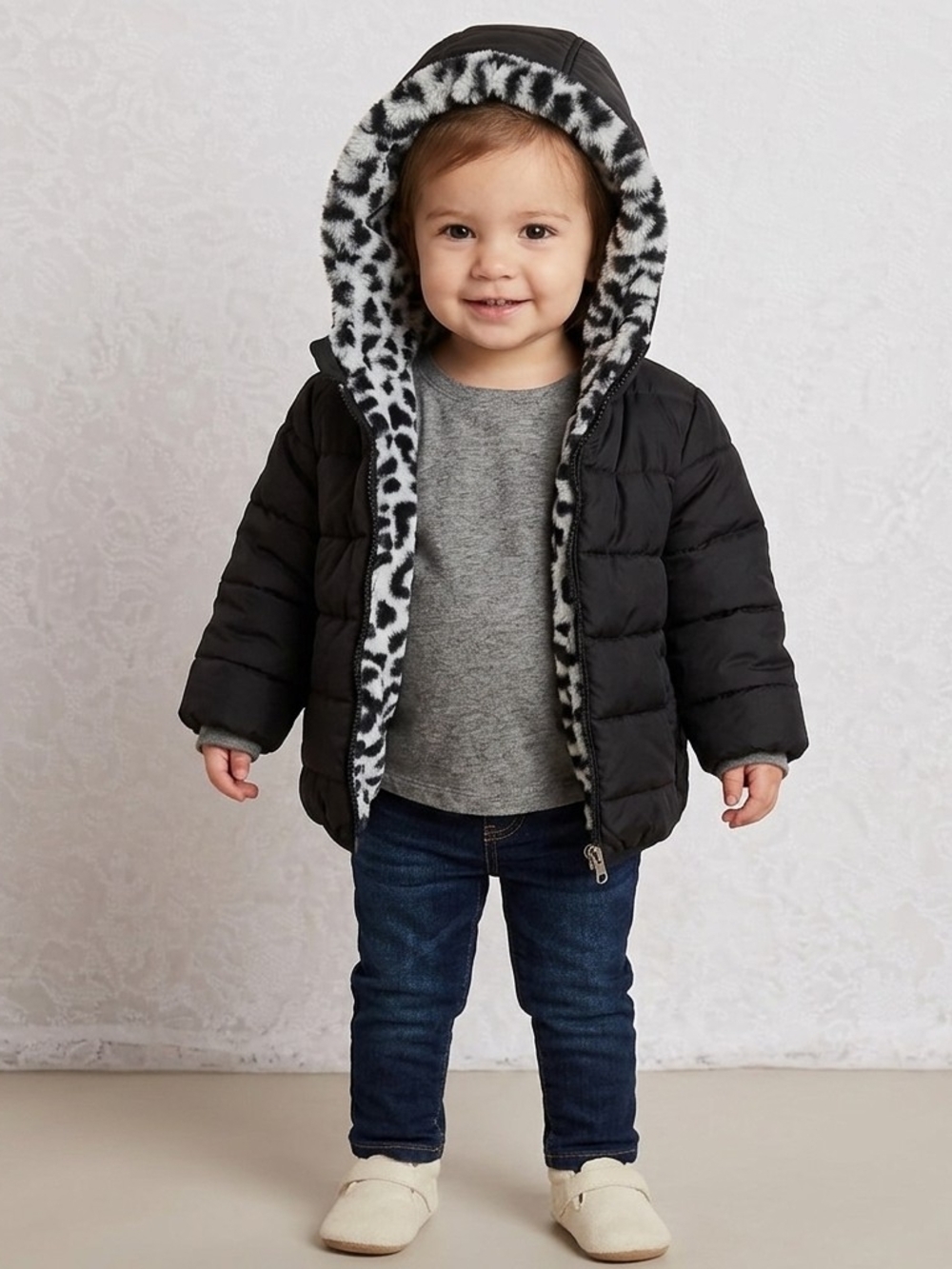 wonder nation Black Toddler Puffer Jacket with Leopard Faux-Fur Trim